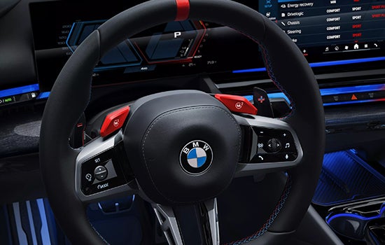 Close-up view of BMW M5 Touring steering wheel. | BMW of Grand Blanc in Grand Blanc MI